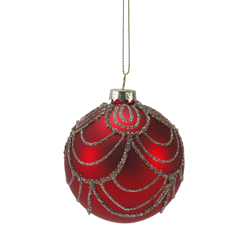 Bauble Bebola Kaca Krismas Merah Matte 8cm dengan Pusaran Kilauan Emas