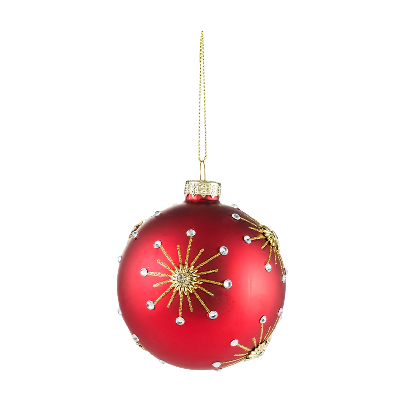 Bauble Bebola Kaca Krismas Merah Matte 8cm dengan Pusaran Kilauan Emas