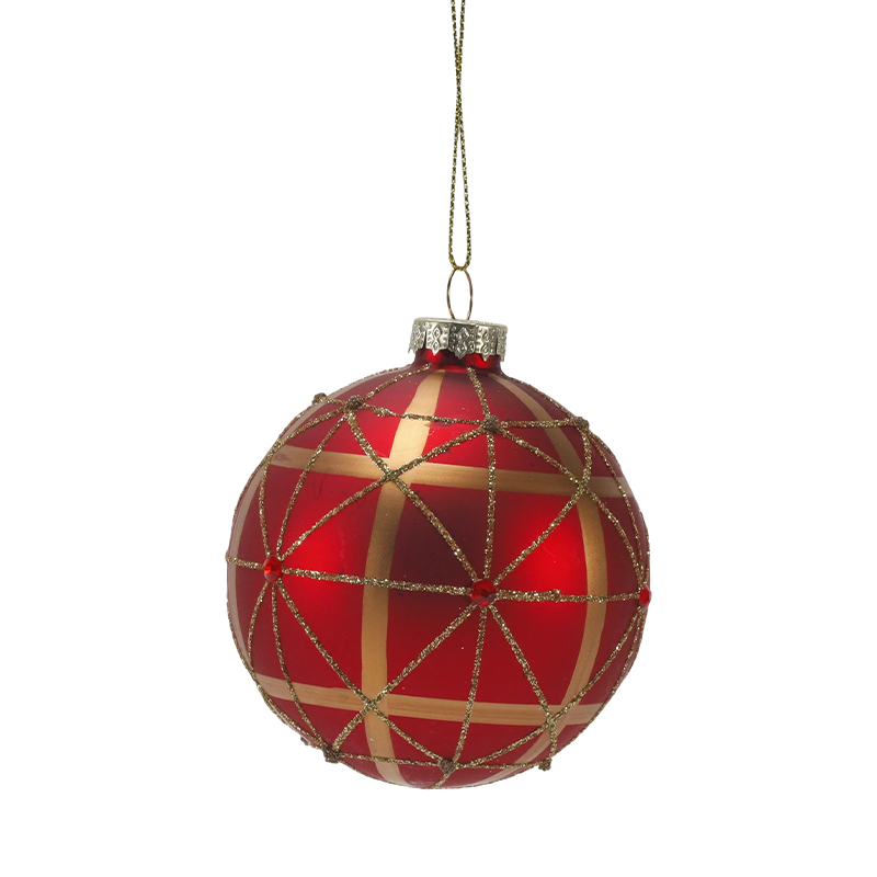 Bauble Bebola Kaca Krismas Merah Matte 8cm dengan Pusaran Kilauan Emas