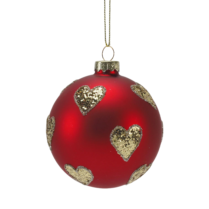 Bauble Bebola Kaca Krismas Merah Matte 8cm dengan Pusaran Kilauan Emas