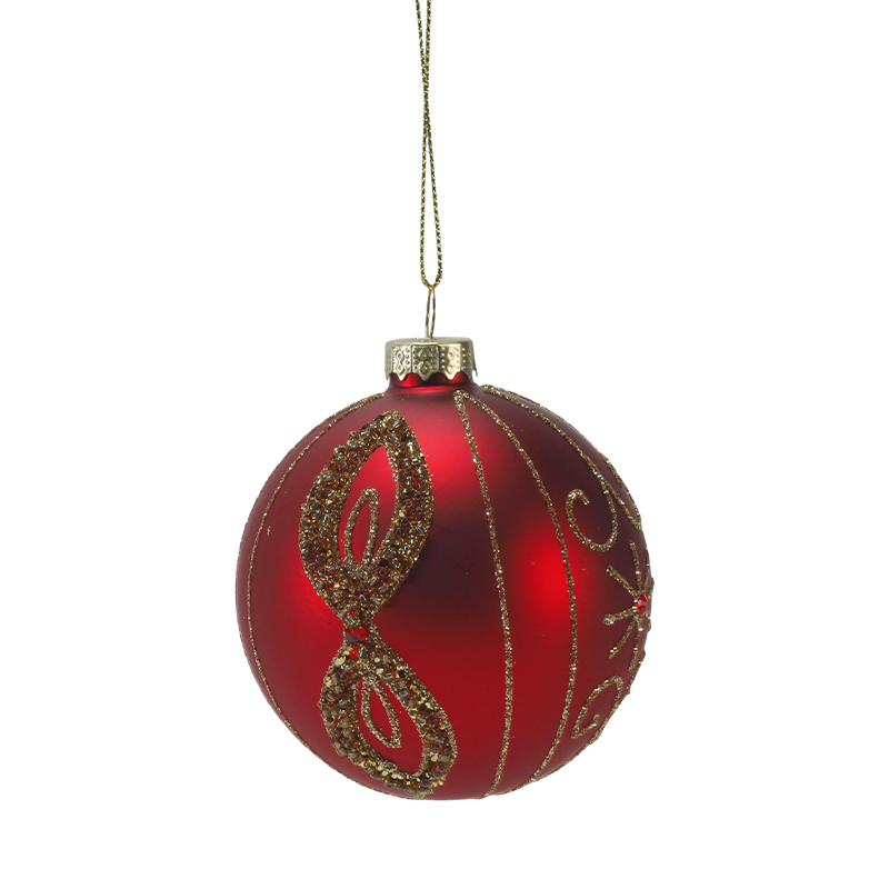 Bauble Bebola Kaca Krismas Merah Matte 8cm dengan Pusaran Kilauan Emas