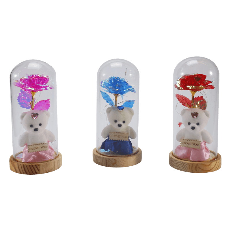 Galaxy Rose Glass Cloche Light (Dengan/Tanpa Teddy Bear, Pelbagai Warna)